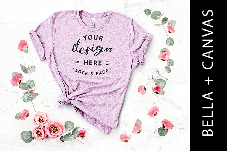 Heather Prism Lilac Bella Canvas 3001 T-Shirt Mockup Floral