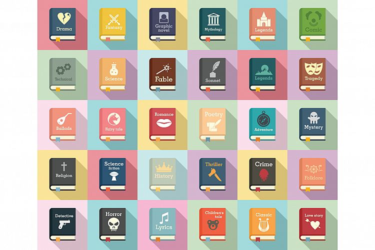 Literary genres icons set, flat style example image 1