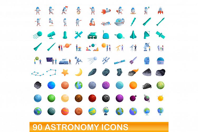90 astronomy icons set, cartoon style example image 1