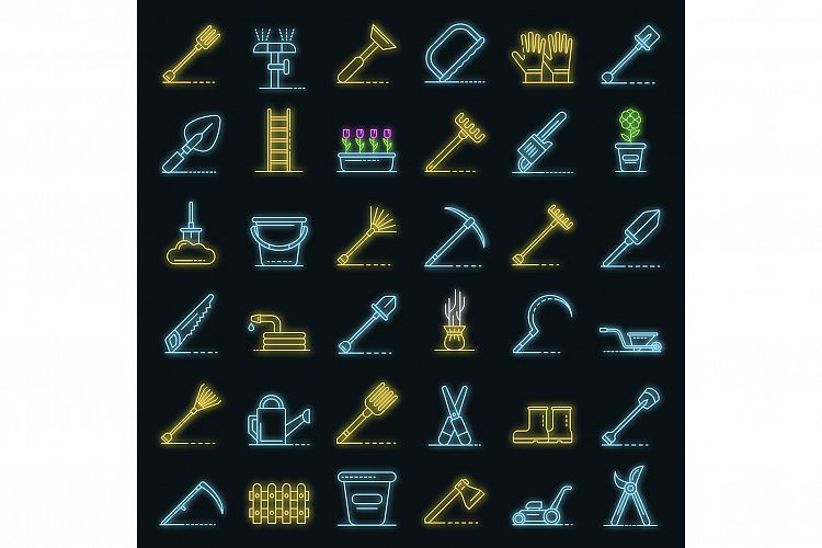 Gardening tools icons set vector neon example image 1