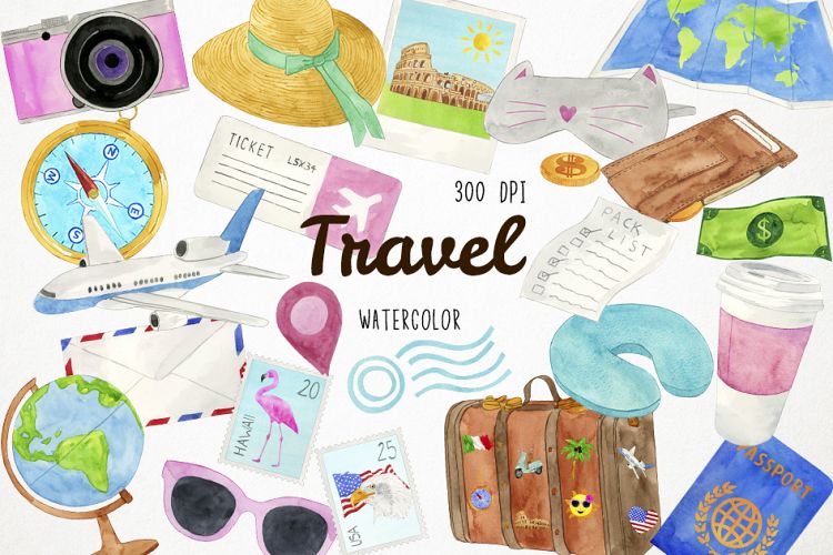Watercolor Travel Clipart, Travel Clip Art, Travel Graphics