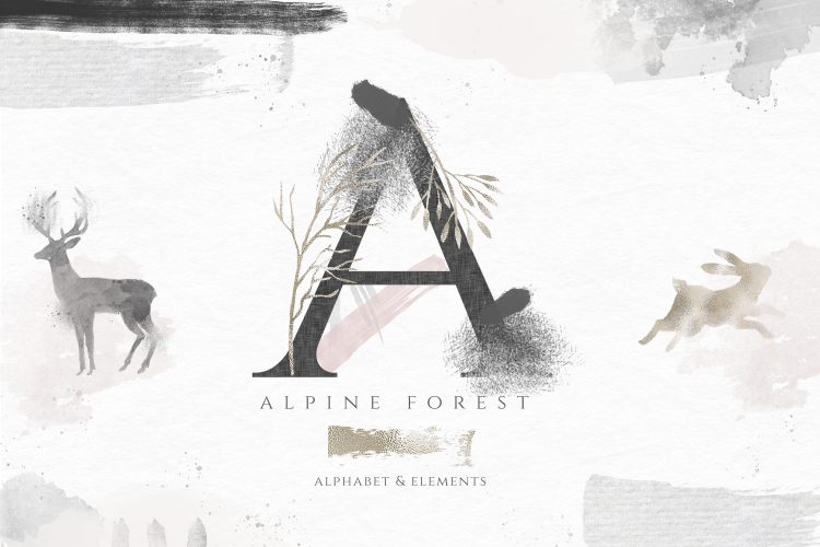 Alpine Forest - Watercolor Design Elements & Alphabet