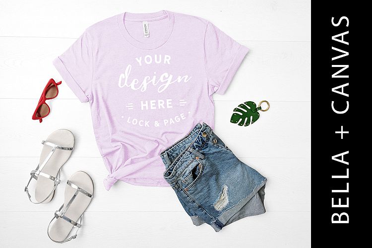 Heather Lilac T-Shirt Mockup Bella Canvas 3001 Flat Lay