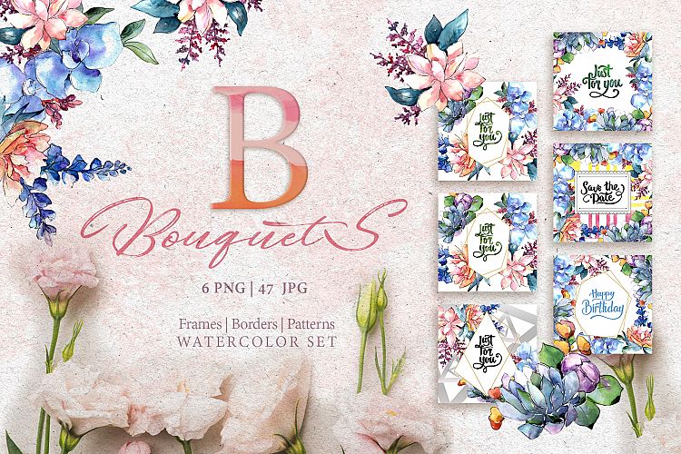 Bouquets flowers set PNG watercolor
