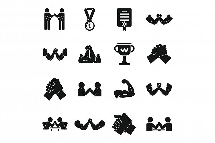 Arm wrestling icons set, simple style example image 1
