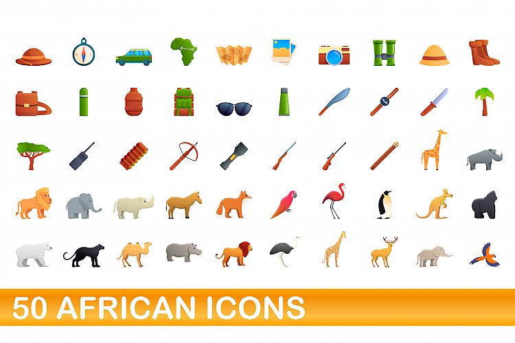 50 african icons set, cartoon style example image 1