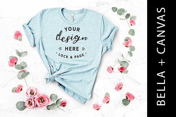 Heather Prism Ice Blue Bella Canvas 3001 Floral Shirt Mockup