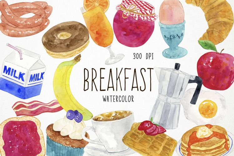 Watercolor Breakfast Clipart, Bakery Clipart