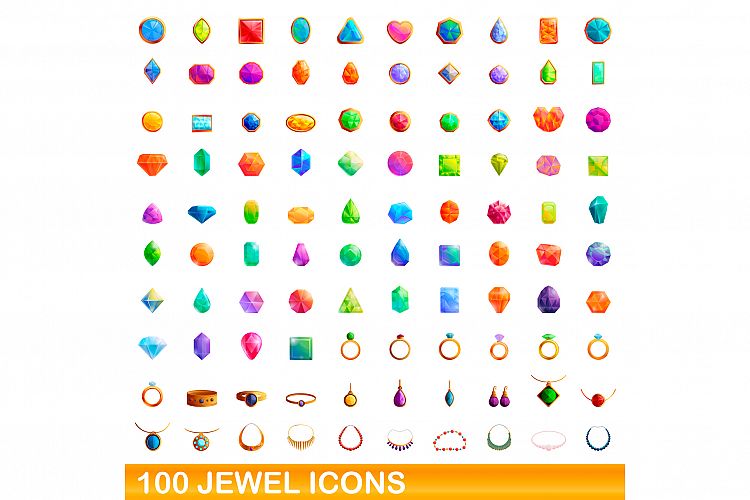 100 jewel icons set, cartoon style example image 1