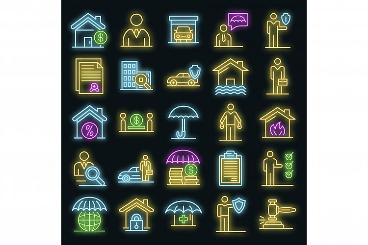 Insurance agent icons set vector neon