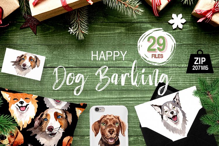 Dogs barking new year PNG watercolor set