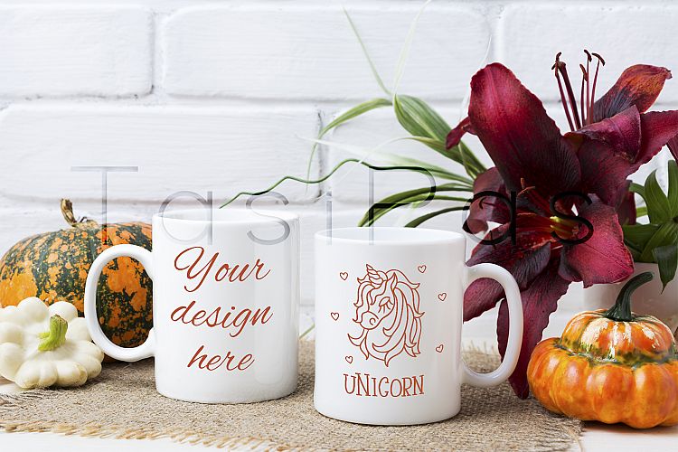 Two coffee mug mockup with pumpkins and lily