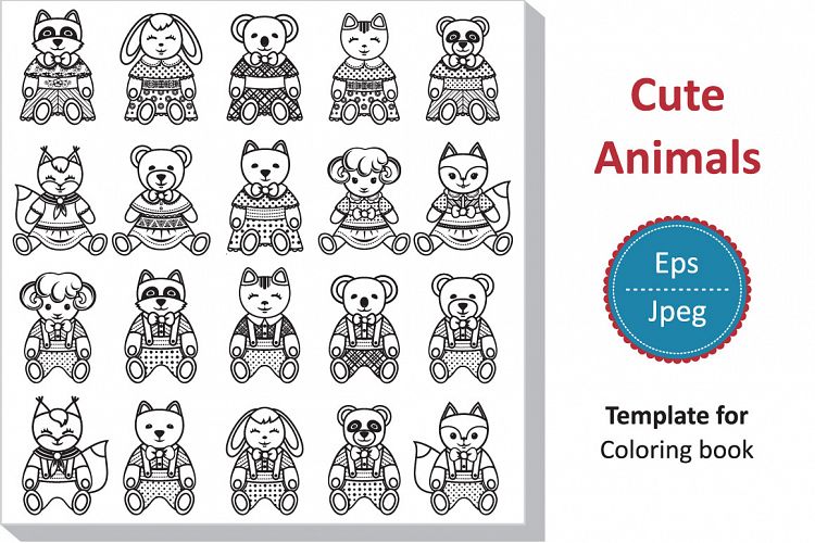 Childrens toy. Animals. Set. Monochrome. Template for coloring book