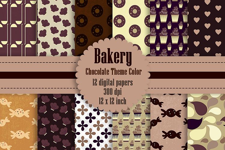 12 Bakery Digital Papers in Chocolate Theme Color