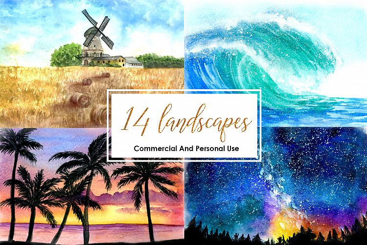 Watercolor Landscape Bundle Watercolor Beach Sunset Galaxy Texture Watercolor Farm Windmill