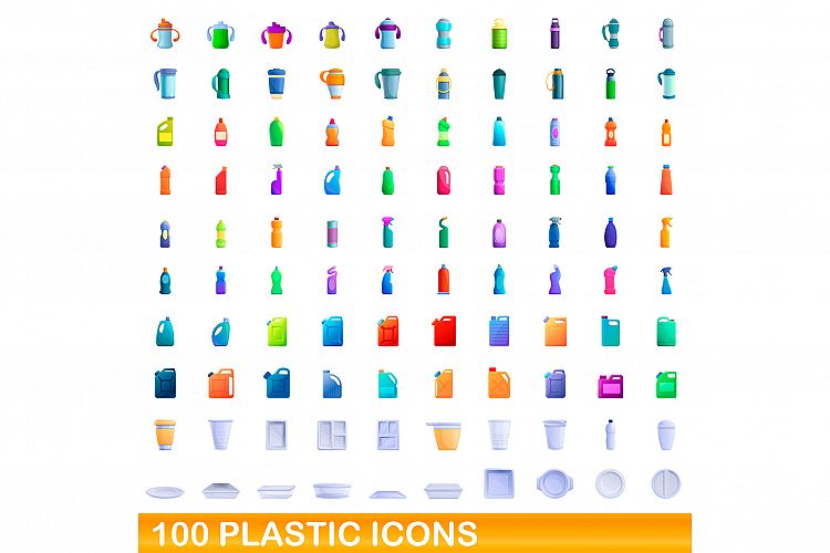 100 plastic icons set, cartoon style