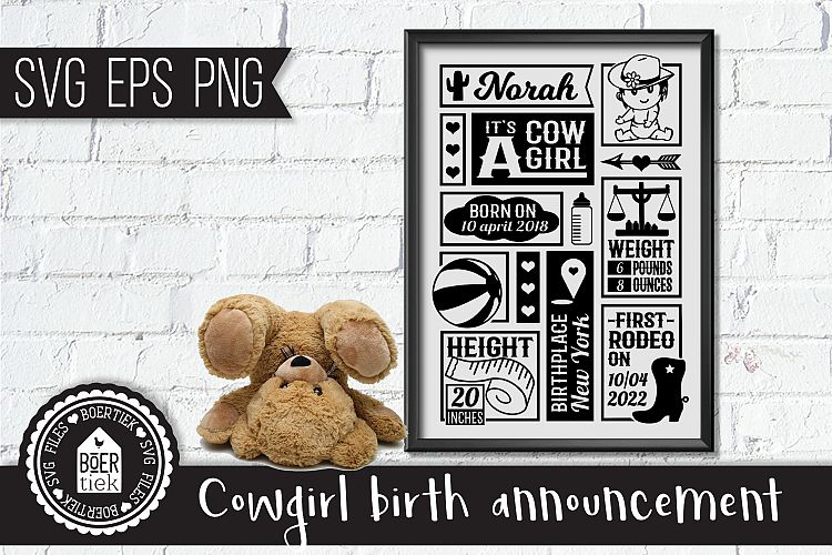 Cowgirl birth announcement, baby birth stats template, SVG