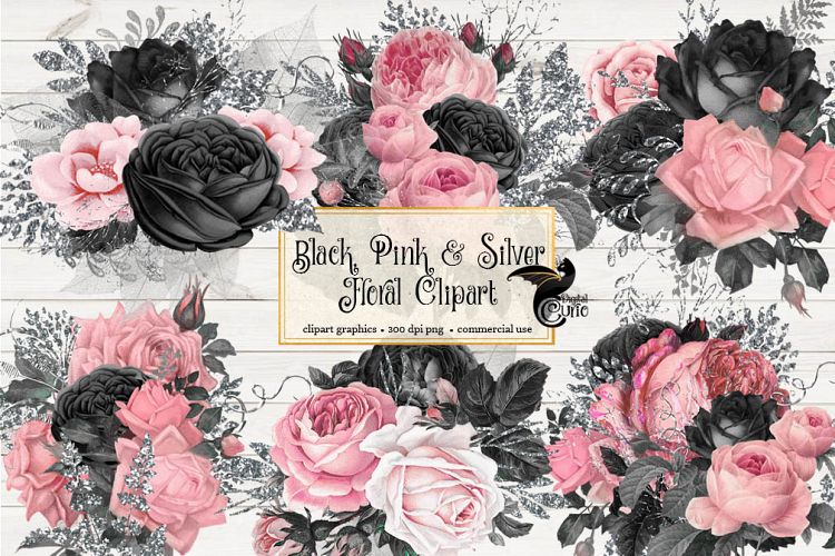 Black Pink and Silver Floral Clipart