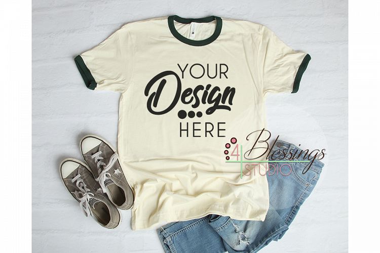 Ringer TShirt Mock up Next Level 3604 Natural Forest Green
