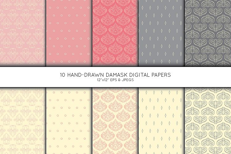 Hand Drawn Damask Digital Paper, Seamless pattern