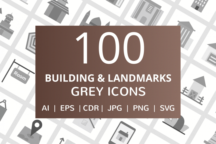 100 Building   Landmarks Flat Greyscale Icons