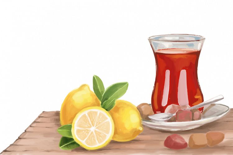 Turkish tea and lemon hand painting vector