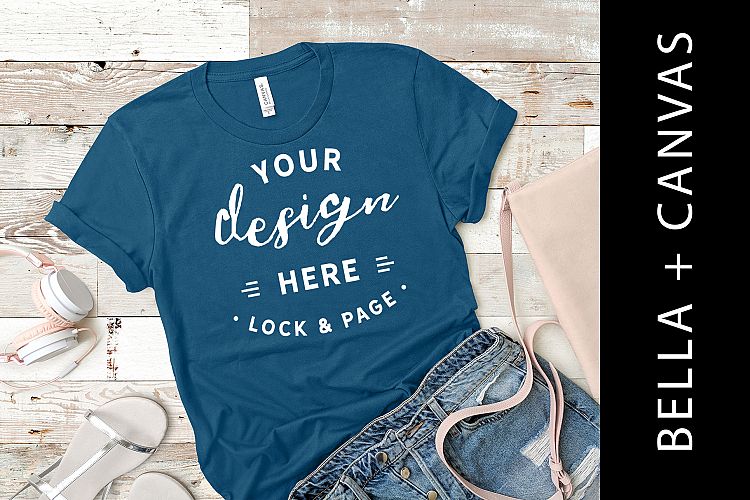 Teal Bella Canvas 3001 T-Shirt Mockup Rustic Wood Backdrop