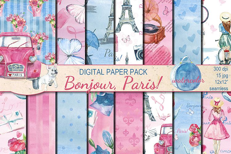 Watercolor Bonjour Paris seamless digital paper pack