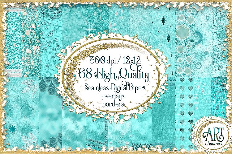 Teal Aqua Foil Glitter Seamless Digital Papers,Borders Set