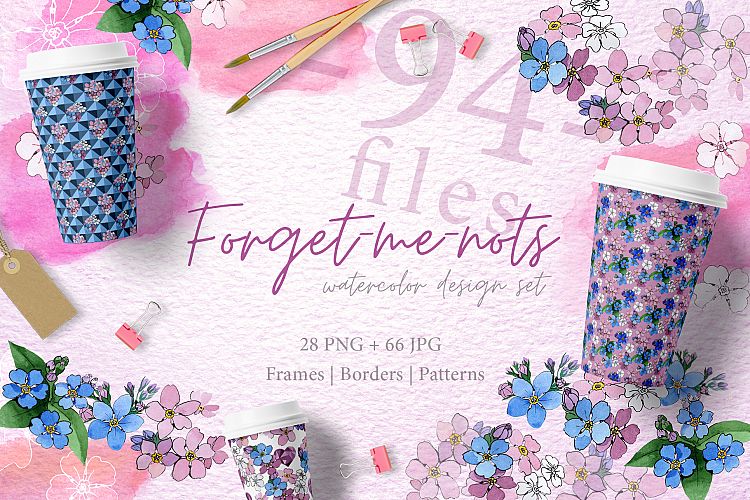 Forget-me-nots flowers PNG watercolor set