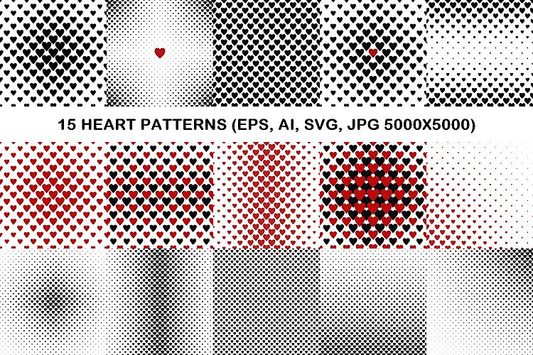 15 heart patterns (EPS, AI, SVG, JPG 5000x5000)