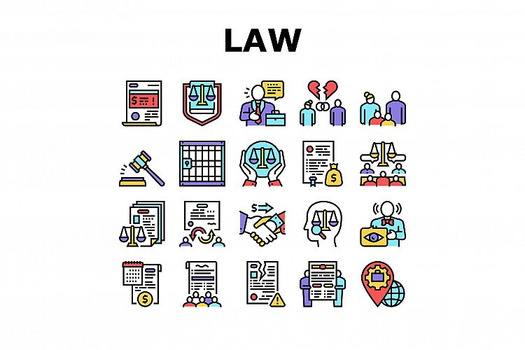 Law Justice Dictionary Collection Icons Set Vector