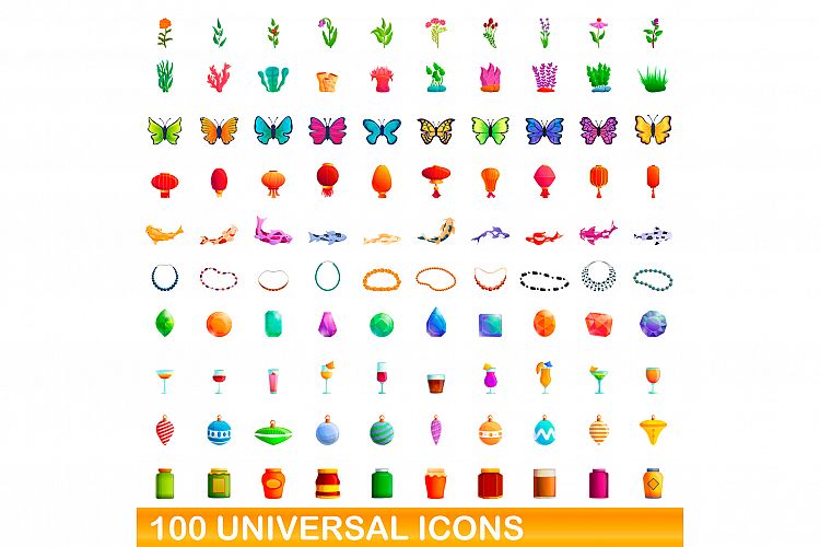 100 universal icons set, cartoon style example image 1