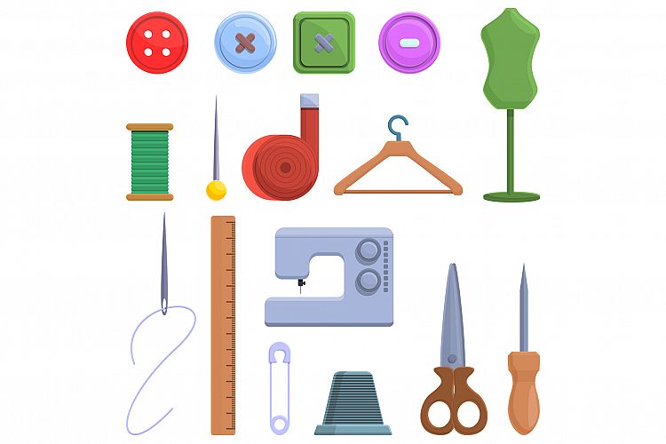 Clothing repair icons set, cartoon style