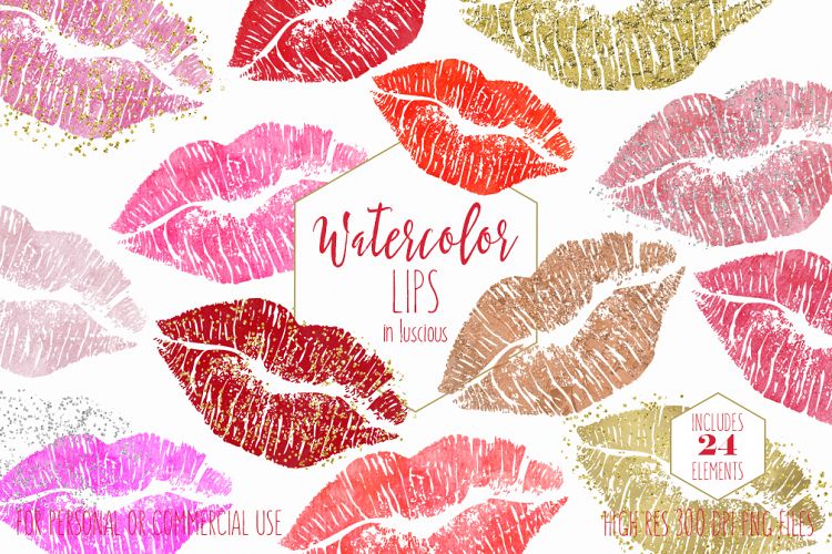 WATERCOLOR LIPS CLIPART Commercial Use Valentines Day Kissing Lip Pink Red Rose Gold Confetti Lipstick Kiss Girly Makeup Smear Graphics