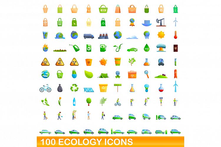 100 ecology icons set, cartoon style example image 1
