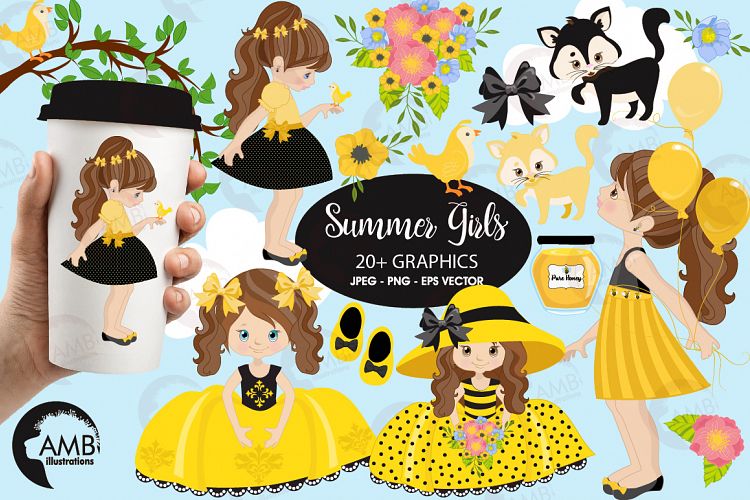 Summer Bees, Summer girls clipart, graphics, illustrations AMB-1054
