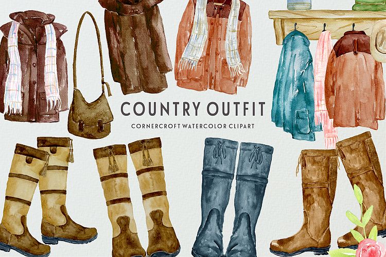 Watercolor country coat, country boots clipart