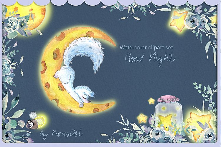 Arctic fox and glowwarm night watercolor clipart kit for bab
