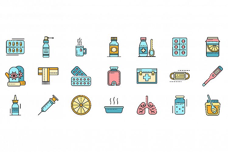 Flu sick icons set line color vector example image 1