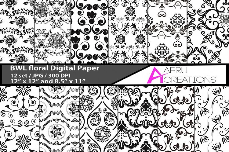 Black and White floral digital papers, stars pattern, digital papers, high quality 300 dpi, 12 x 12 inch , and 8.5 x 11 inch
