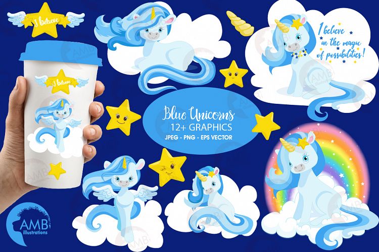 Magical Unicorns in blue clipart, graphics and illustrations AMB-1383