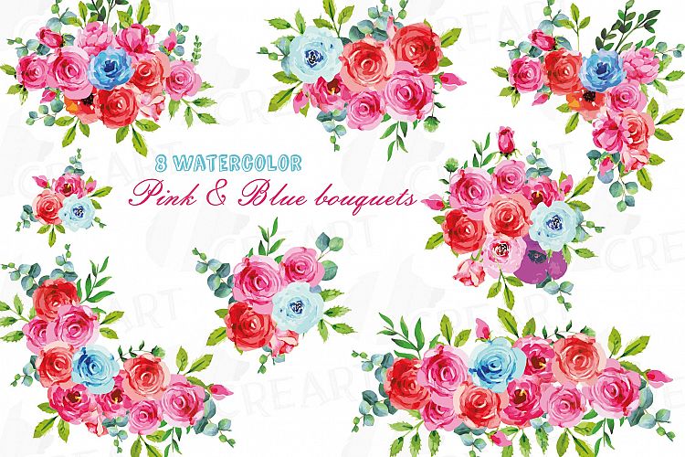 Boho pink and blue watercolor wedding bouquets, floral png