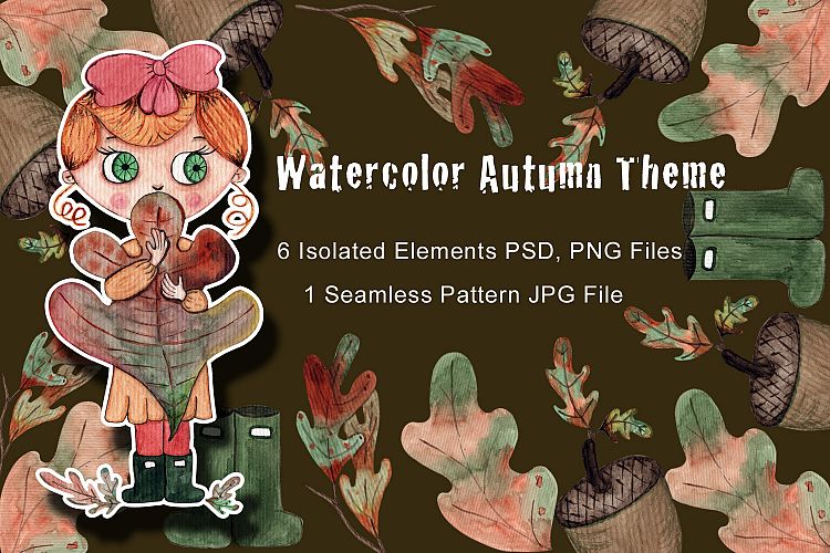 Hand Drawn Watercolor Autumn Girl SET