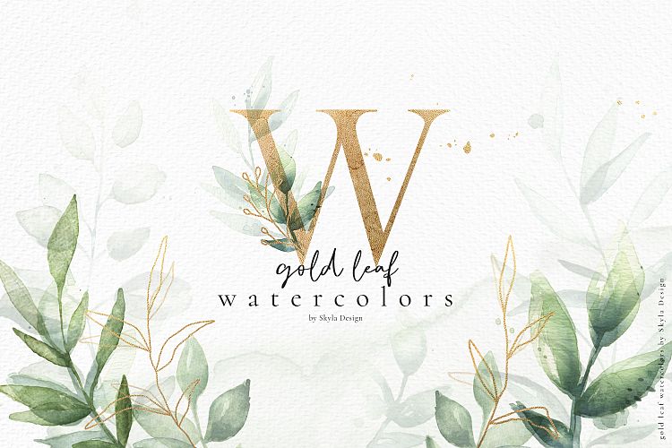 Gold leaf watercolor alphabet clipart