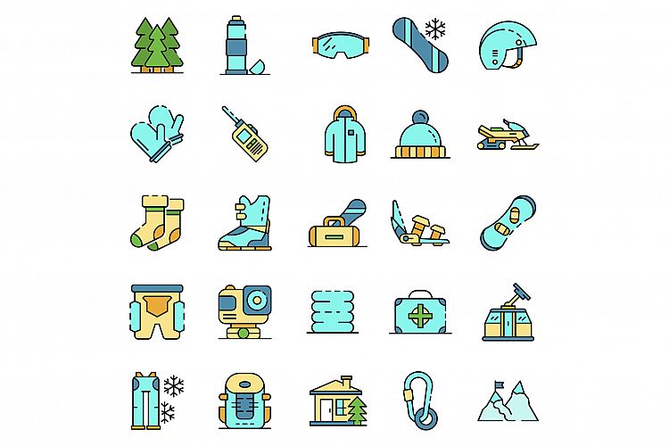 Snowboarding equipment icon set line color vector example image 1