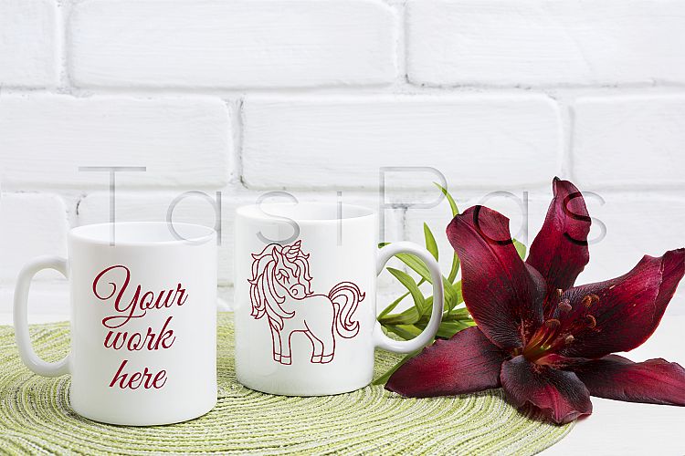 Two coffee mug mockup with maroon lily