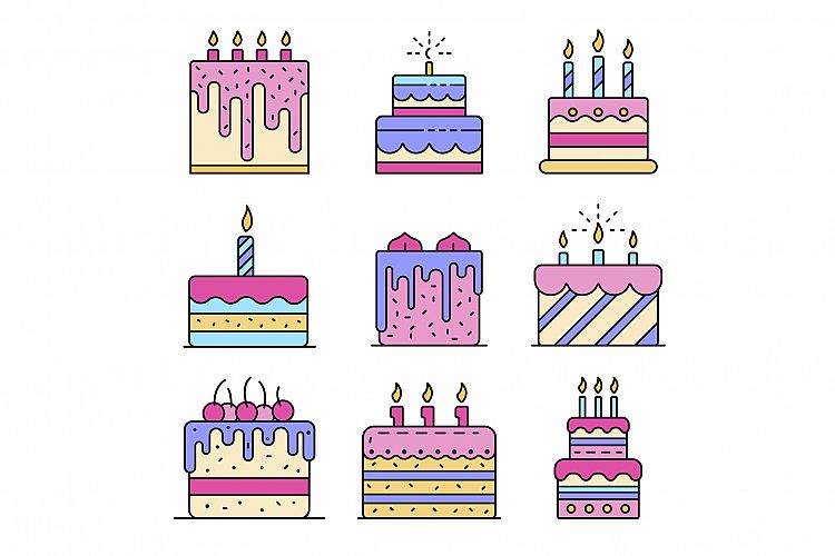 Cake birthday icons set line color vector