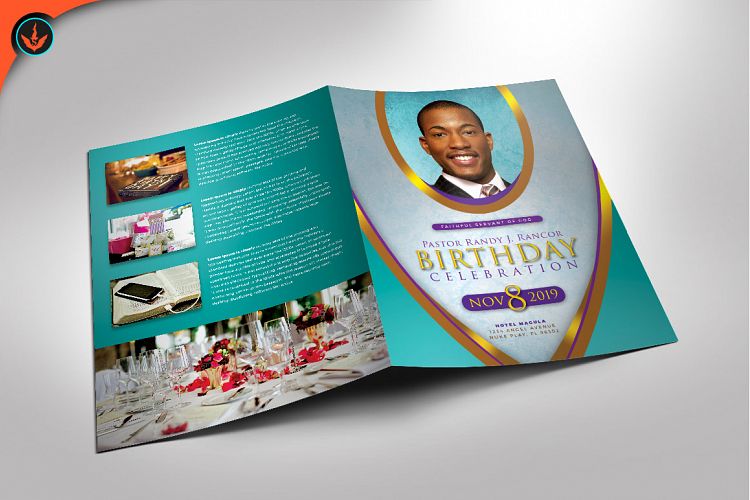 Royal Teal Pastor Birthday Party Program Photoshop Template