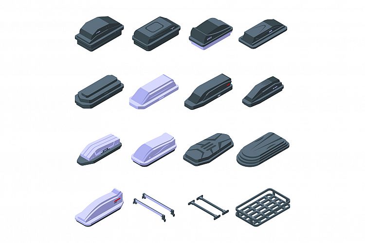 Car roof box icons set, isometric style